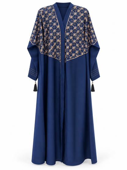 Navy Floral Lattice Abaya - edited white background studio view
