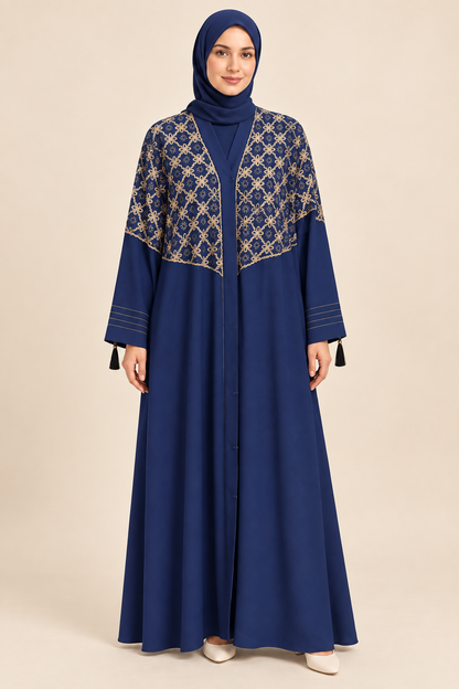 Navy Floral Lattice Abaya - AI styled model