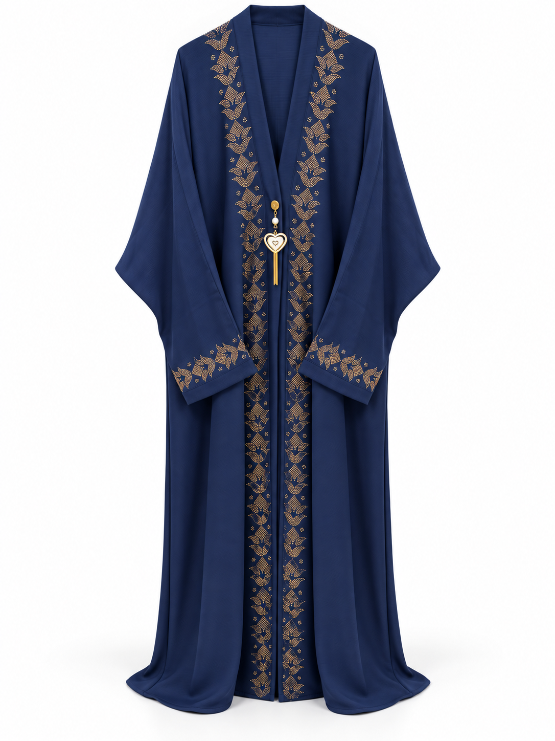Navy Gold Floral Border Abaya - edited white background studio view