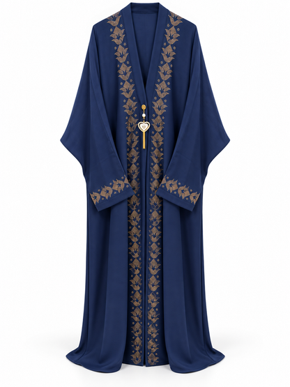 Navy Gold Floral Border Abaya - edited white background studio view