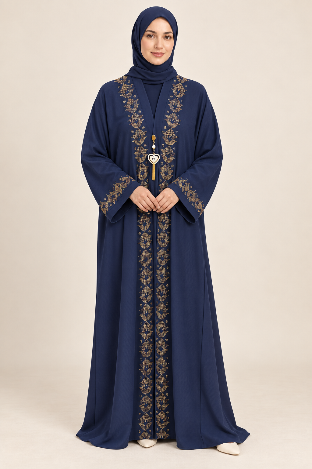 Navy Gold Floral Border Abaya - AI styled model