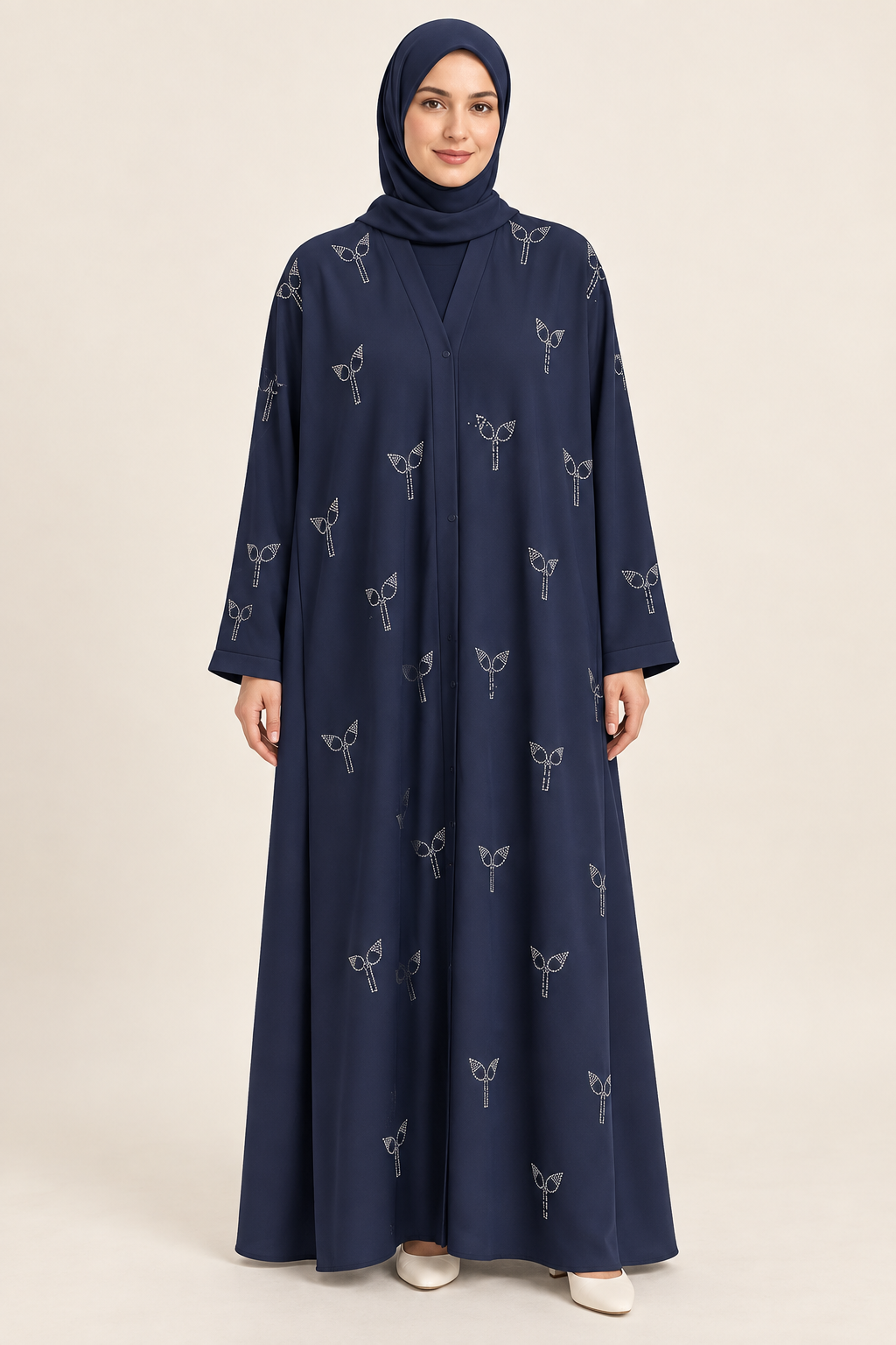 Navy Silver Sprig Abaya - AI styled model