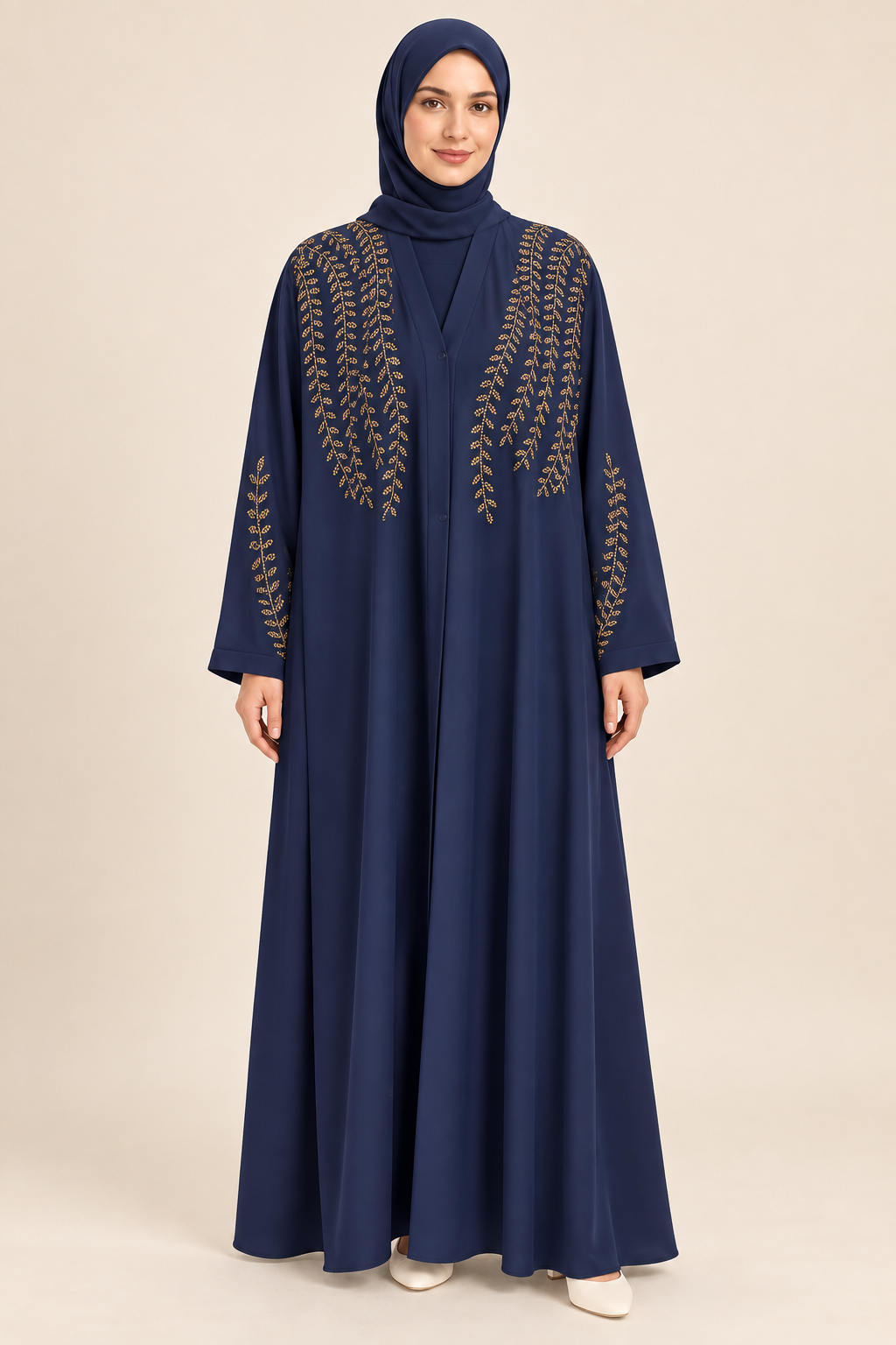Navy Leaf Detail Abaya - AI styled model
