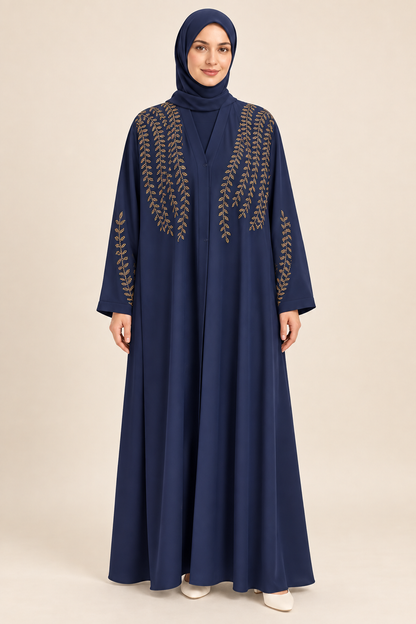 Navy Leaf Detail Abaya - AI styled model