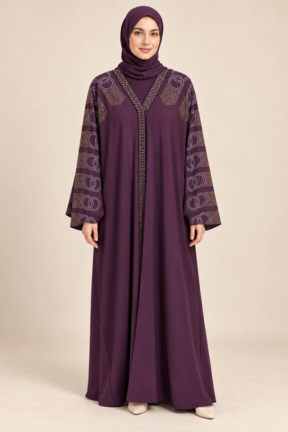 Plum Geometric Circle Abaya - AI styled model