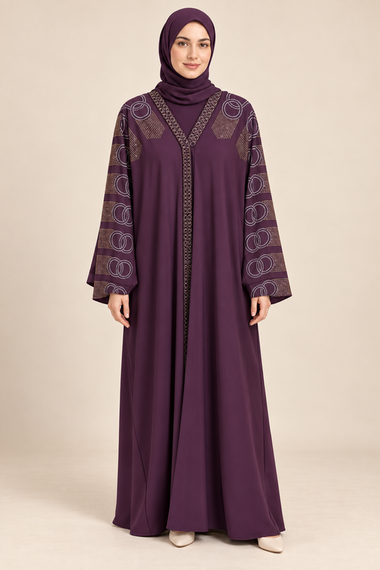 Plum Geometric Circle Abaya - AI styled model