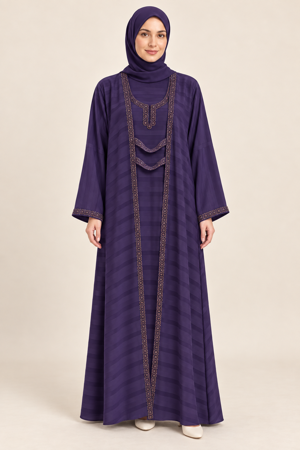 Purple Circle Border Layered Abaya - AI styled model