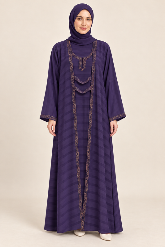 Purple Circle Border Layered Abaya - AI styled model