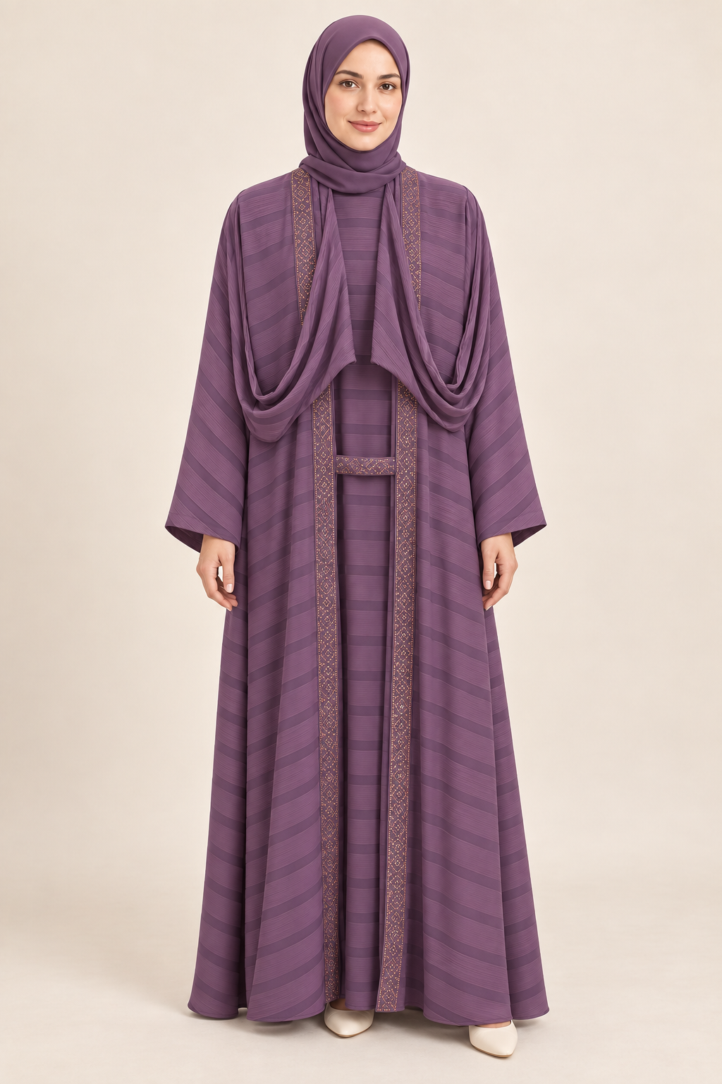 Purple Diamond Border Layered Abaya - AI styled model