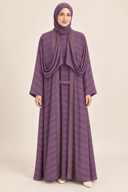 Purple Diamond Border Layered Abaya - AI styled model
