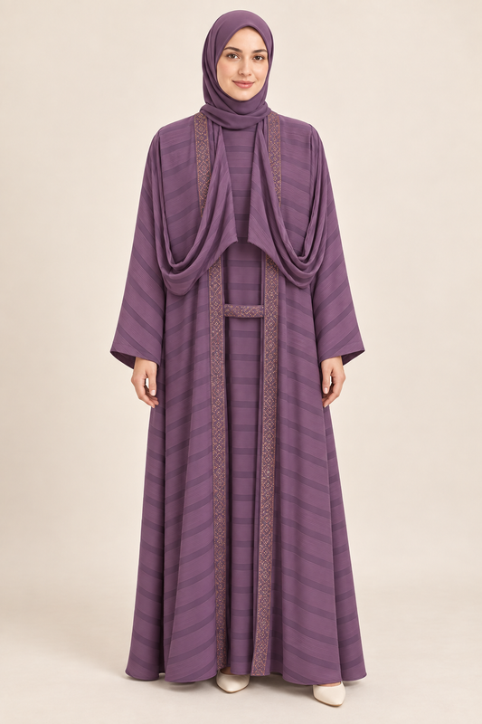 Purple Diamond Border Layered Abaya - AI styled model