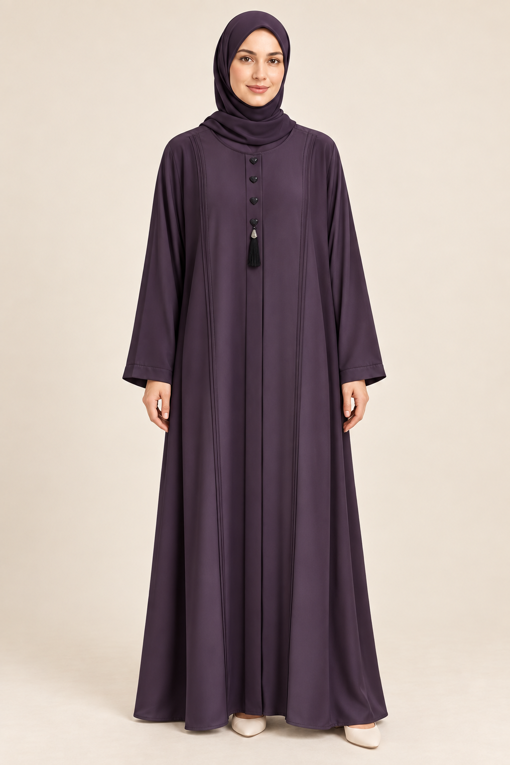 Purple Round Neck Tassel Abaya - AI styled model