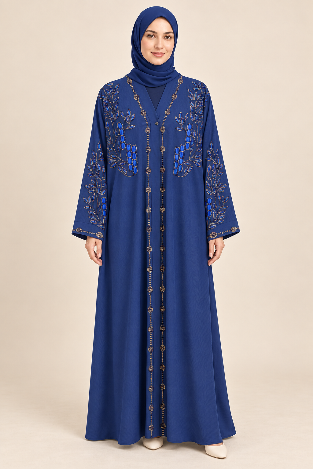 Royal Blue Leaf Stone Abaya - AI styled model