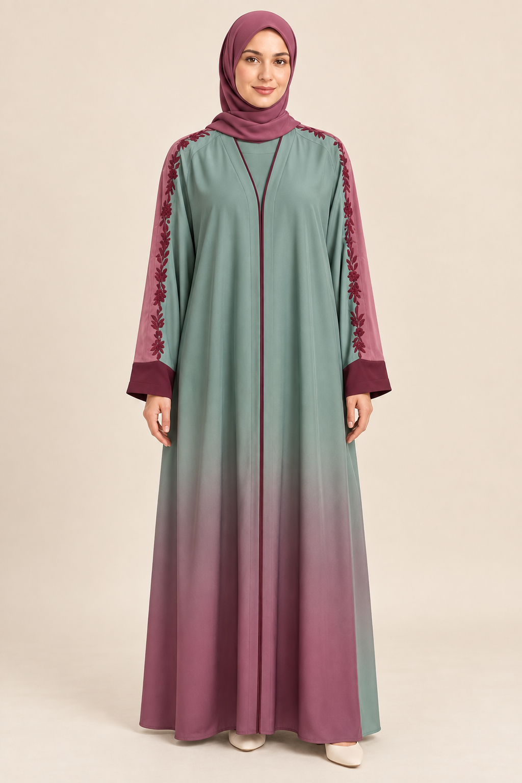 Sage and Maroon Ombre Abaya - AI styled model