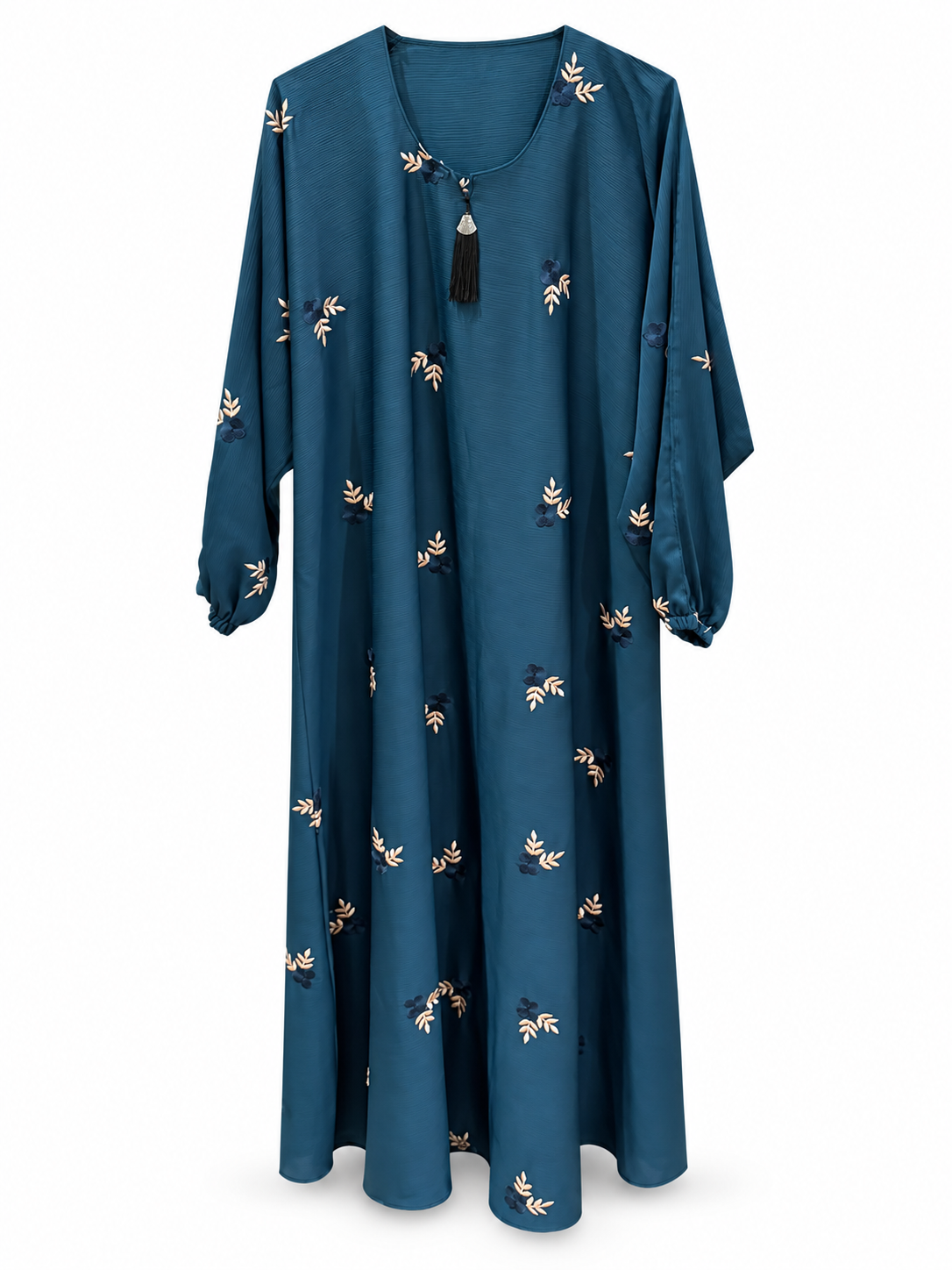 Teal Floral Embroidered Abaya - edited white background studio view