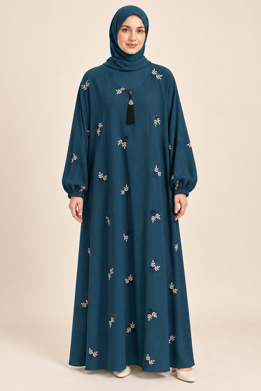 Teal Floral Embroidered Abaya - AI styled model