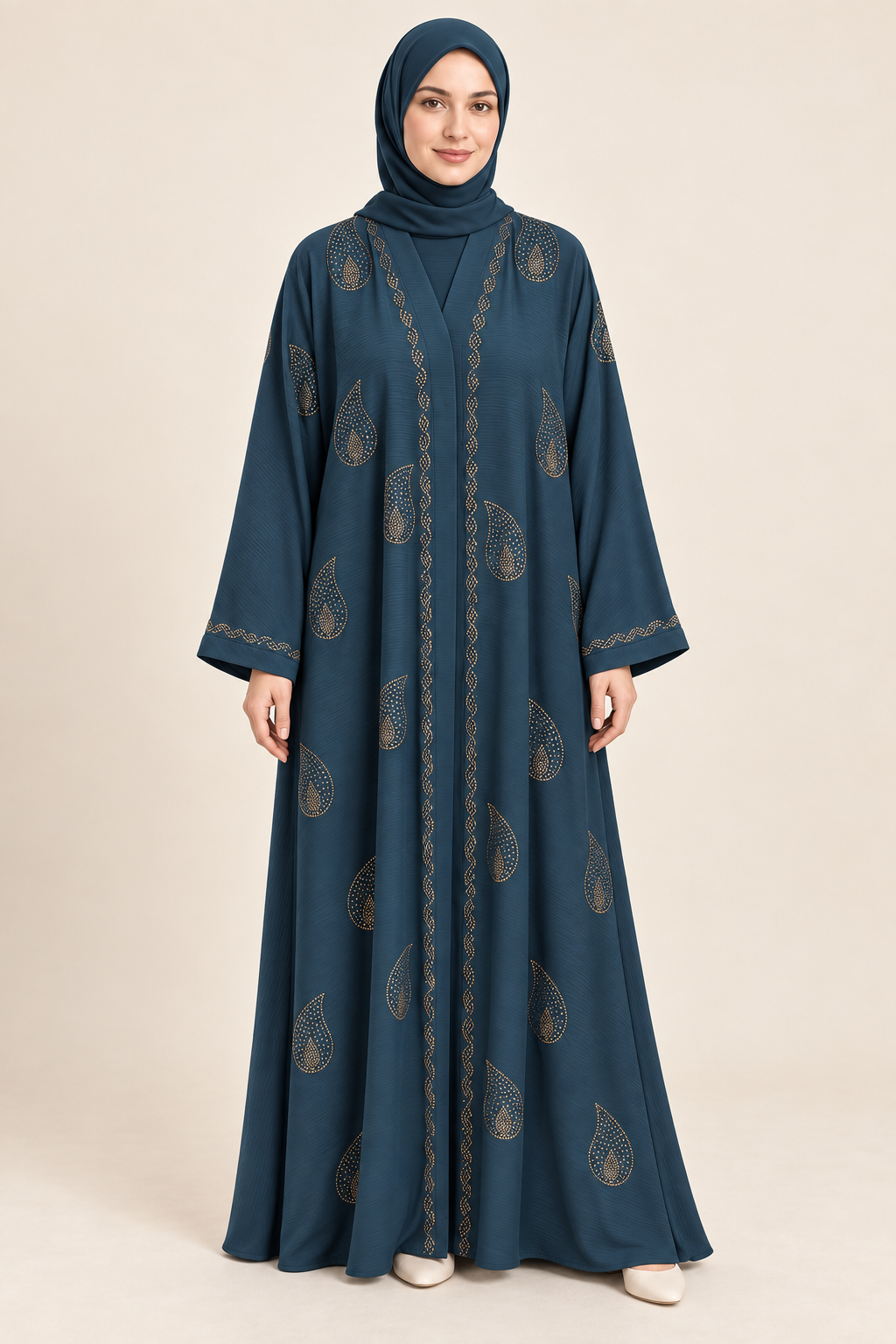 Teal Paisley Abaya - AI styled model