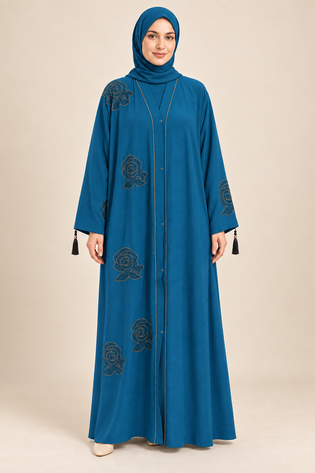 Teal Rose Stone Abaya - AI styled model